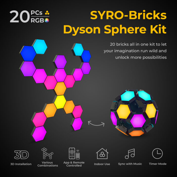 LinkedSparx Dyson Sphere Kit 20pc Smart LED RGB Hexagon Lights, Black