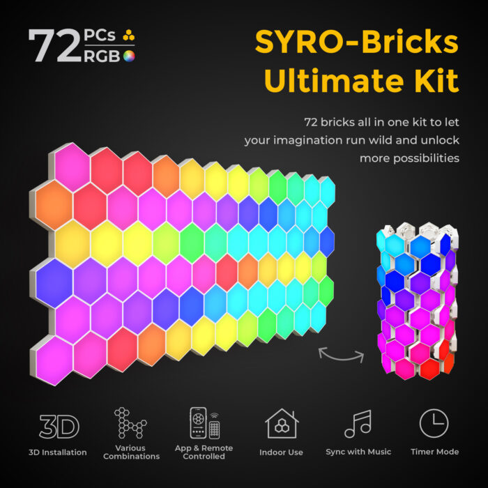 LinkedSparx Ultimate Kit 72pc Smart LED RGB Hexagon Lights, White