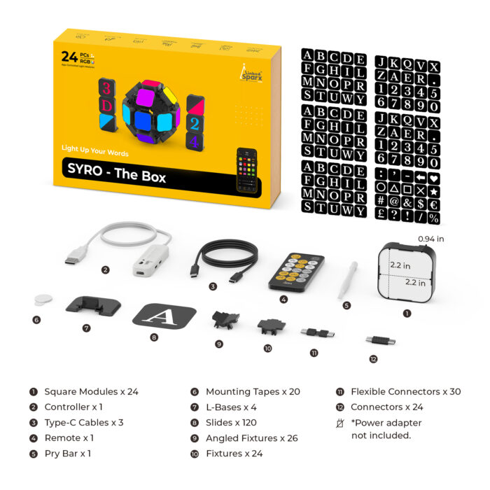 LinkedSparx The Box 3D Kit 24pc Smart LED RGB Square Lights with Letter Slides, Black