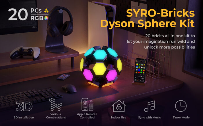 LinkedSparx Dyson Sphere Kit 20pc Smart LED RGB Hexagon Lights, Black