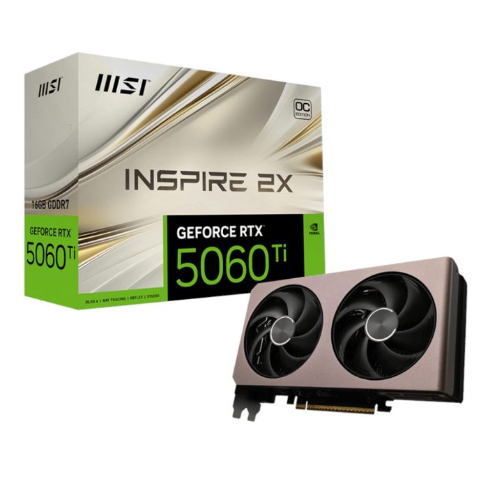 RTX5060TIINSPIRE2XOC16GB-WR-01 MSI GeForce RTX 5060 Ti INSPIRE 2X OC | 16GB GDDR7 | NVIDIA RTX 5060 Ti | 2617MHz Boost | PCIe Gen 5 - New - Image 1