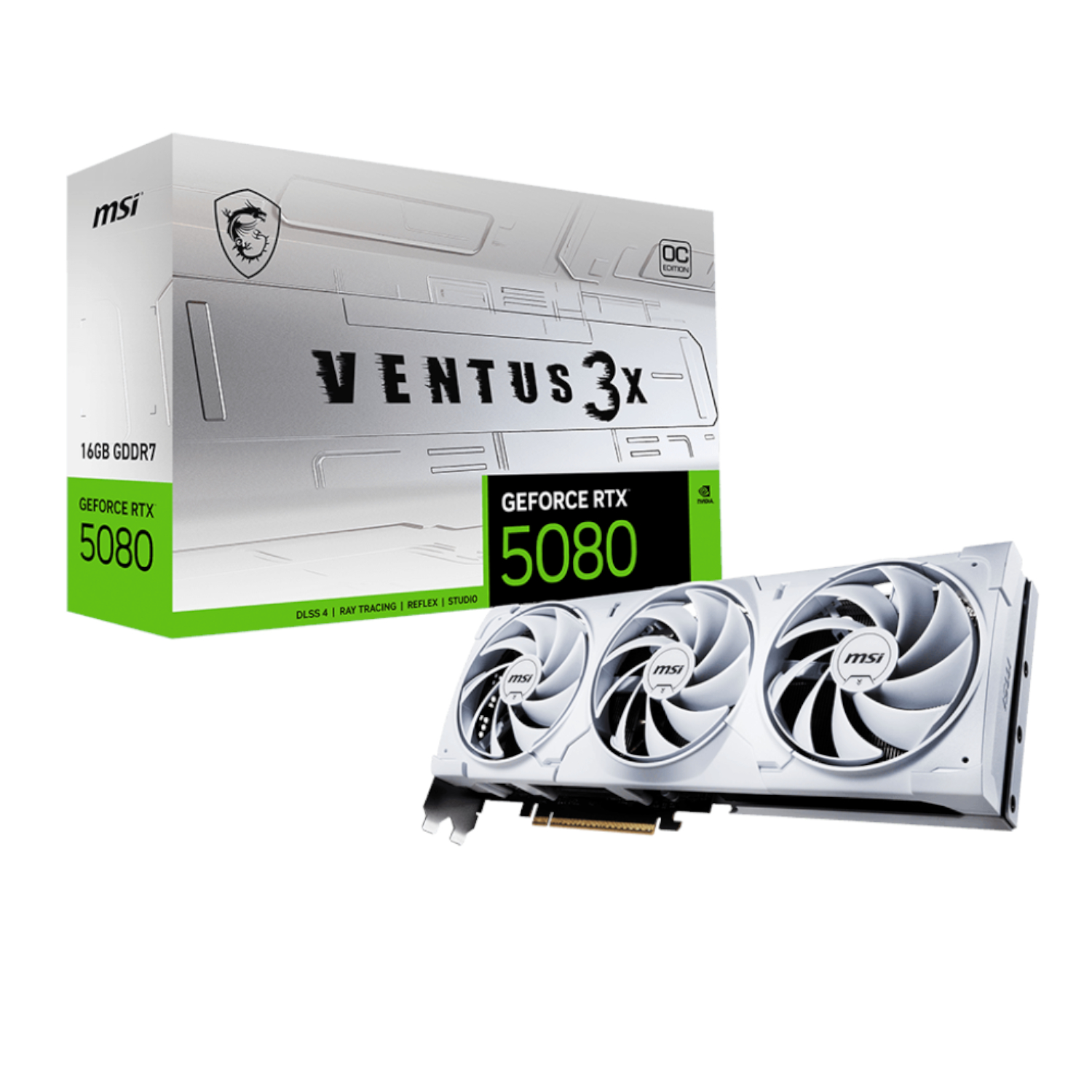 RTX5080VENTUS3XOC16GBWH_MSI-GeForce-RTX™-5080-16G-VENTUS-3X-OC-White-Graphics-Card_wr_01a MSI GeForce RTX 5080 VENTUS 3X OC | 16GB GDDR7 | 2640MHz Boost Clock | DisplayPort 2.1b | HDMI 2.1b – New
