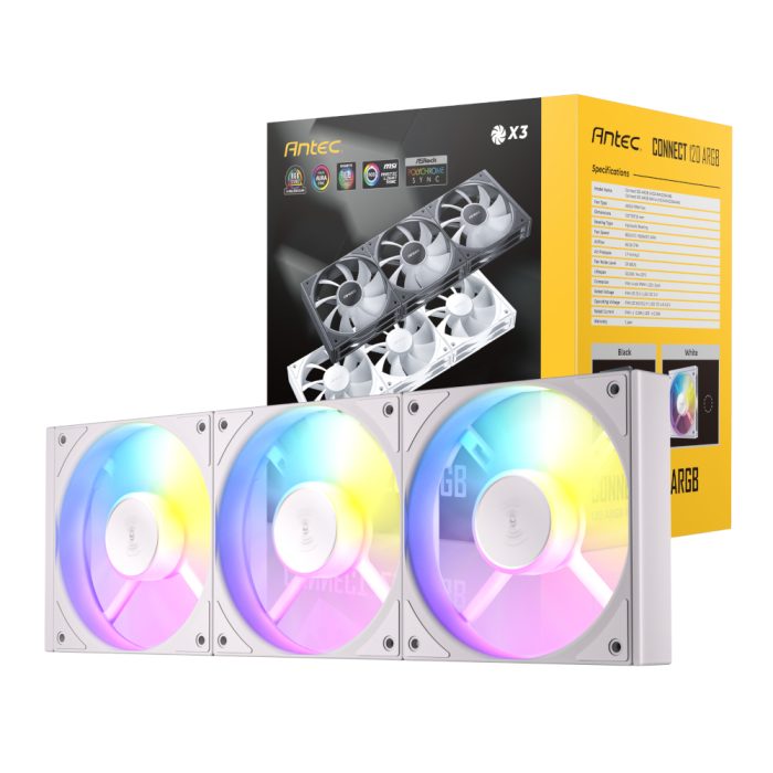 Antec Connect 120 ARGB PWM Fan 3-Pack | 120mm ARGB PWM | Hydraulic Bearing | 28 dB(A) Max Noise | White - New - Image 1