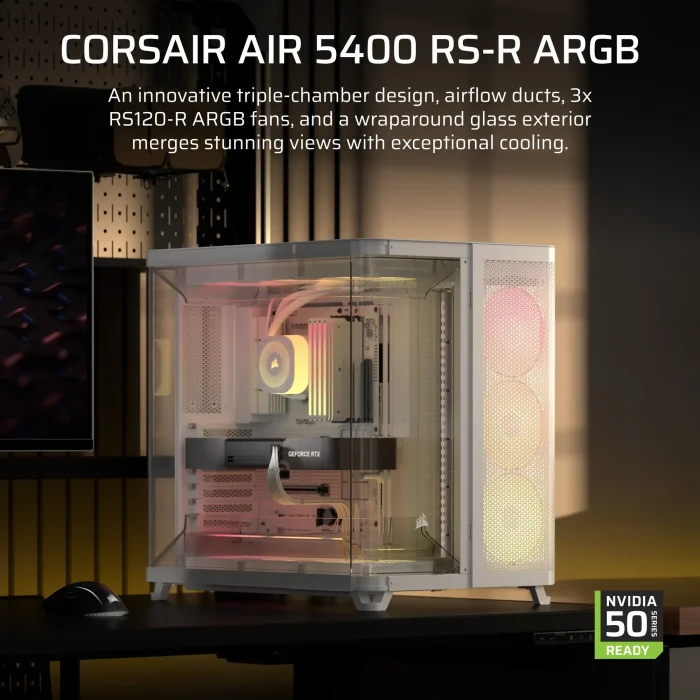 1cc2a77063b4cba39b5e5863e301570910f7141b Corsair AIR 5400 RS-R ARGB | Mid-Tower ATX | Triple Chamber | 3x ARGB Fans | Tempered Glass - New - Image 1