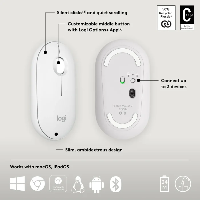 Logitech Pebble Mouse 2 M350s | Wireless & Bluetooth | 4000 DPI | Ambidextrous | Silent Click - New - Image 16