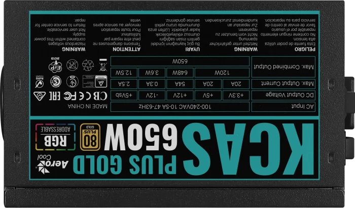Aerocool KCAS Plus Gold 650W RGB PSU | 80 Plus Gold | 650W Output | RGB Lighting | ATX Form Factor - New - Image 5