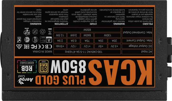 Aerocool KCAS Plus Gold 850W RGB PSU | 850W Output | 80 Plus Gold | ATX 24-Pin | RGB Lighting - New - Image 5