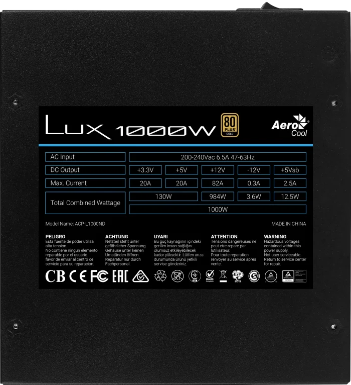 Aerocool LUX Gold 1000W PSU | 80 Plus Gold | ATX 24-Pin | 4x PCIe 6+2-Pin | 8x SATA - New - Image 2