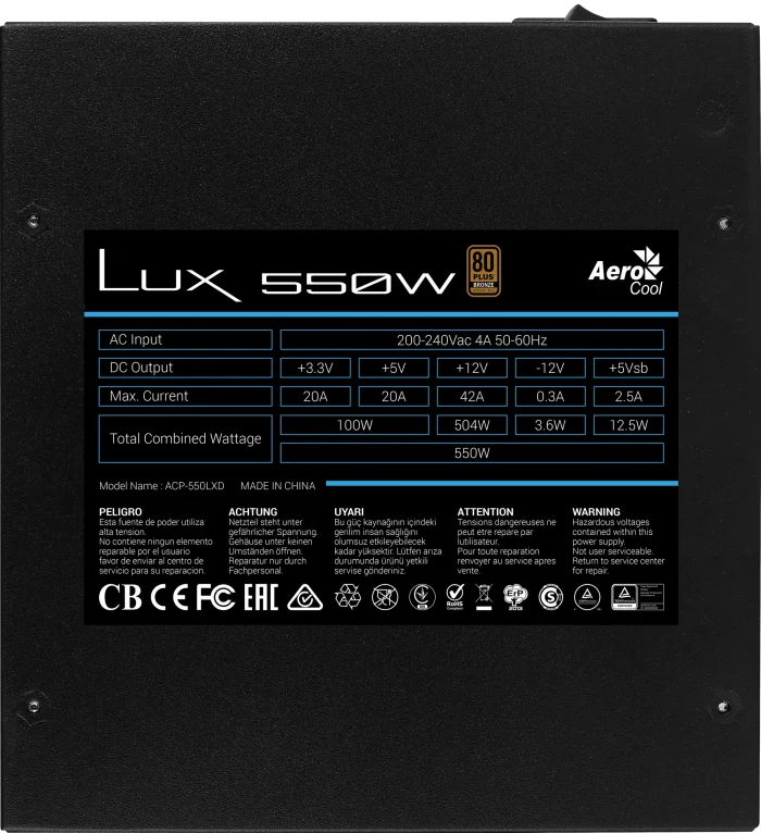 Aerocool LUX Bronze 550W PSU | ATX 24 PIN | 80 Plus Bronze | 550W - New - Image 2