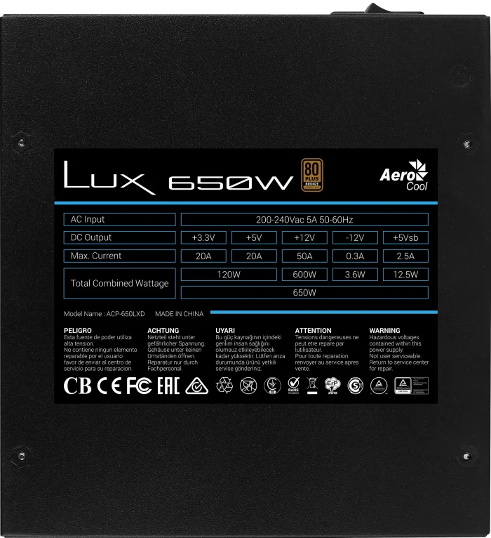 Aerocool LUX Bronze 650W PSU | ATX 24-Pin | 80 Plus Bronze | 2x PCIe 6+2-Pin | 5x SATA - New - Image 2