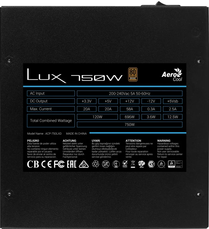 Aerocool LUX Bronze 750W PSU | ATX 24-Pin | 80 Plus Bronze | 750W Rated - New - Image 2