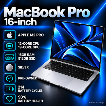 Apple MacBook Pro 16-inch M2  | 12‑Core CPU and 19‑Core GPU | 16GB RAM | 512GB SSD | Silver - Pre Owned